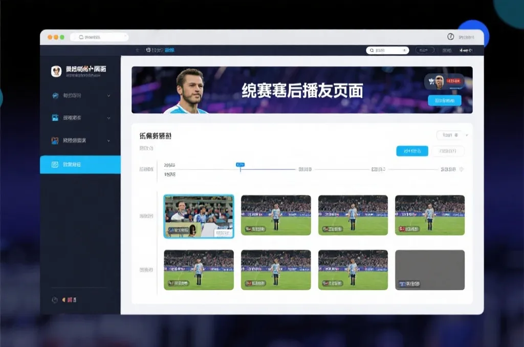 比赛结束后，电视屏幕展示集锦回放页面，旁边有时间轴和多角度切换提示